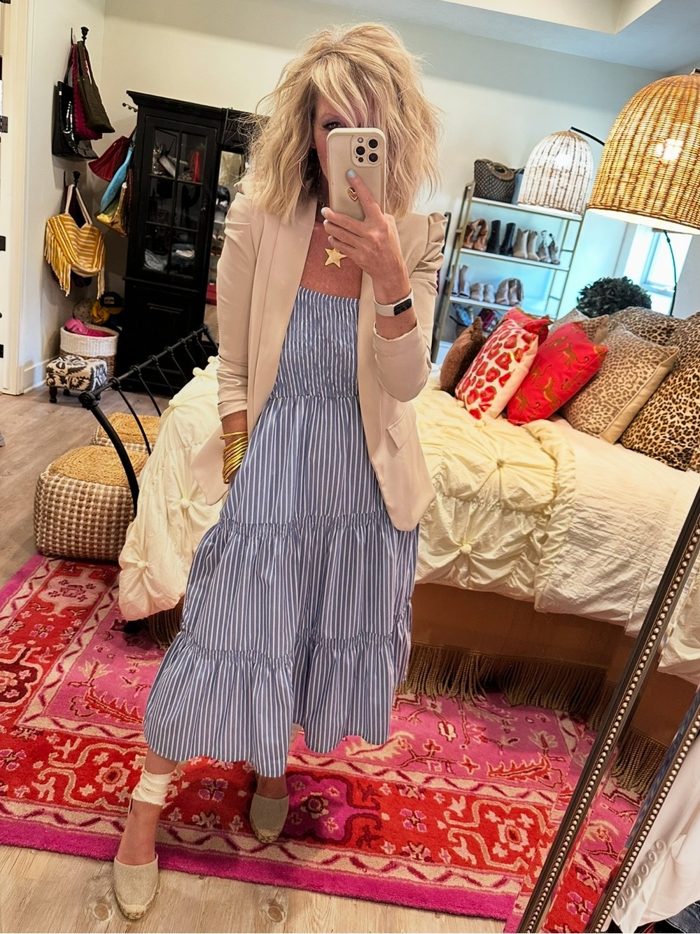 Blue and White Striped Tiered Maxi Dress